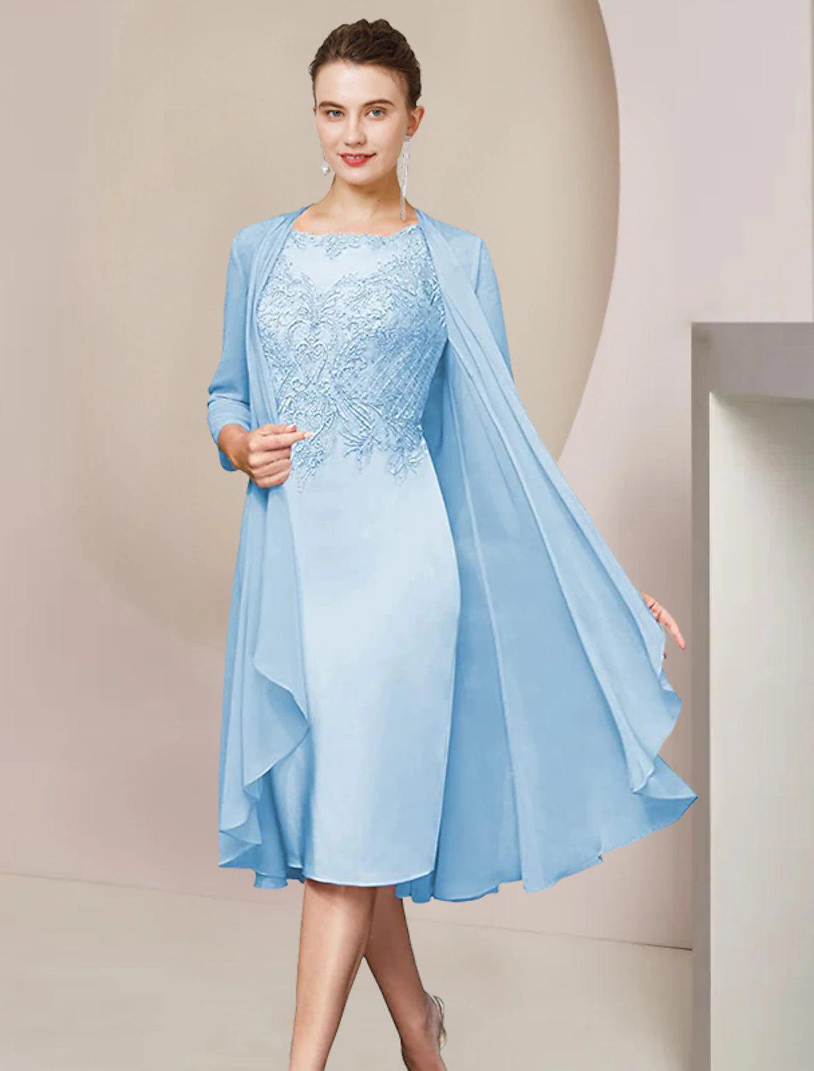 Luolandi Two Piece Sheath / Column Mother of the Bride Dress Formal Wedding Guest Elegant Scoop Neck Knee Length Chiffon Lace Half Sleeve Jacket Dresses